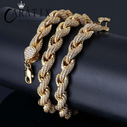 CARÁTIX Gold Twist Rope Chain Necklace – Micro Pave CZ Iced Out Hip Hop Bling Jewelry for Men | Round Link Rapper Gift