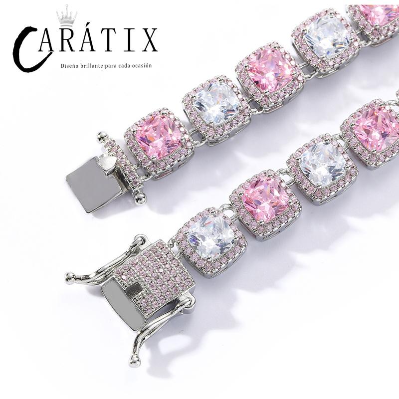 CARÁTIX White & Pink CZ Tennis Chain | Iced Out Square Hip Hop Necklace for Men & Women (16"-22")
