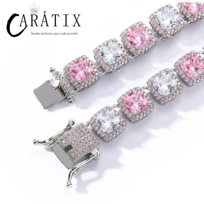 CARÁTIX White & Pink CZ Tennis Chain | Iced Out Square Hip Hop Necklace for Men & Women (16"-22")
