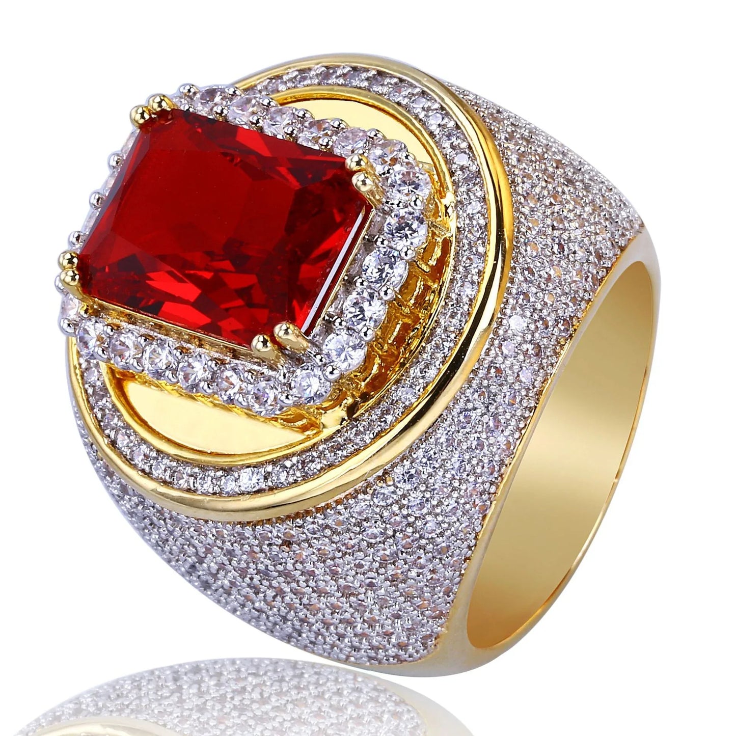 Men's Large Red Stone Ring | Vintage Iced Out Ruby Signet Band | Caratix
