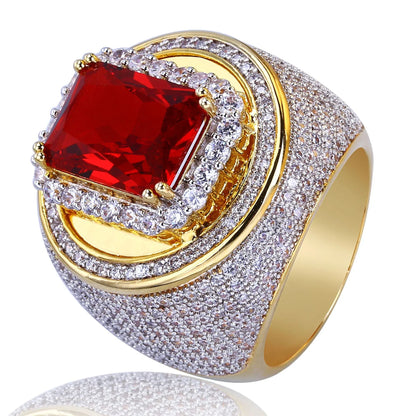 Men's Large Red Stone Ring | Vintage Iced Out Ruby Signet Band | Caratix