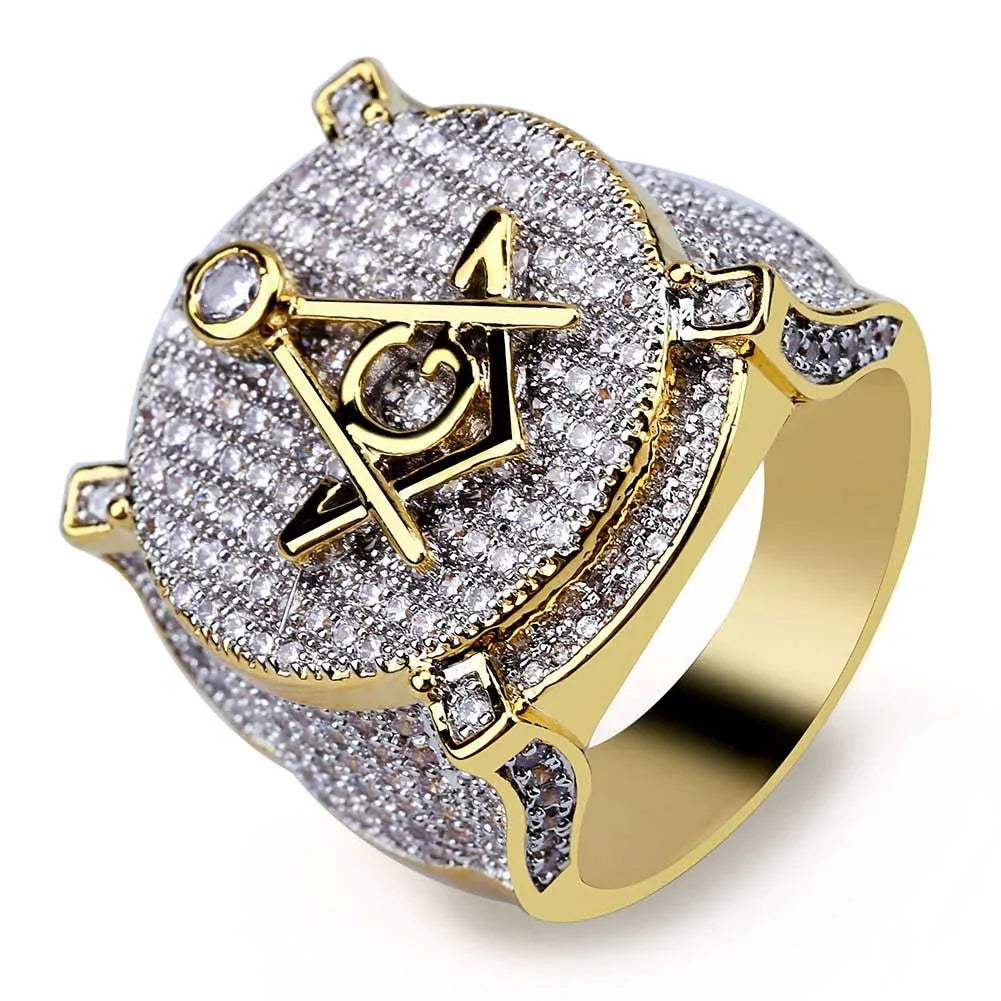 Men's Iced Out Masonic Ring | Retro AG Compass & Square Signet | Caratix