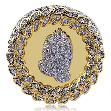 Men's Iced Out Praying Hands Ring | Large Micro-Pave Signet | Caratix