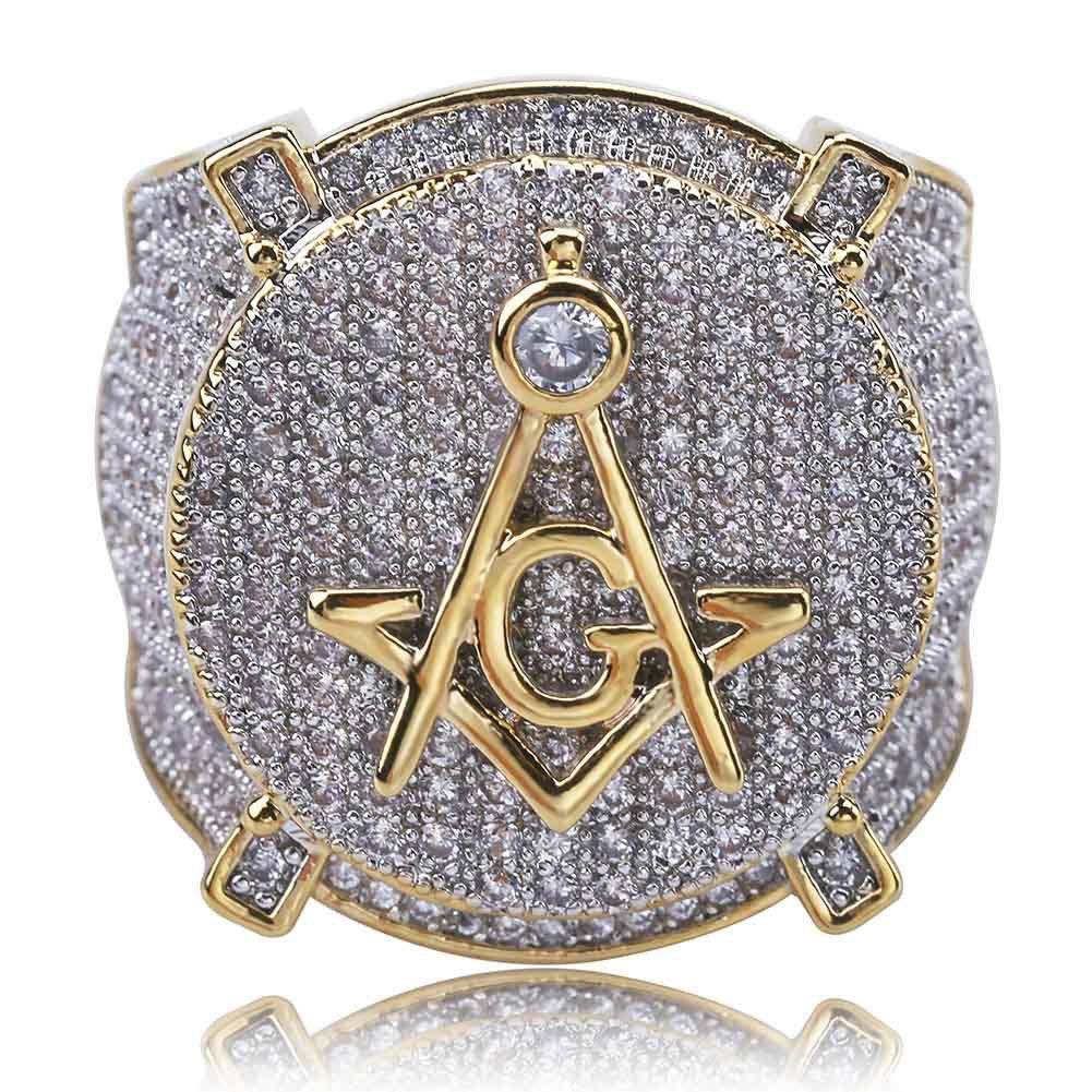 Men's Iced Out Masonic Ring | Retro AG Compass & Square Signet | Caratix