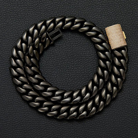 CARÁTIX - Hip Hop Bling Iced Out Stainless Steel 14mm Round Cuban Miami Link Chain Necklace for Men Rapper Jewelry Black Color Valentine's Day Gift for Men & Girls & Boys Mothers' Day Gift #Springtok