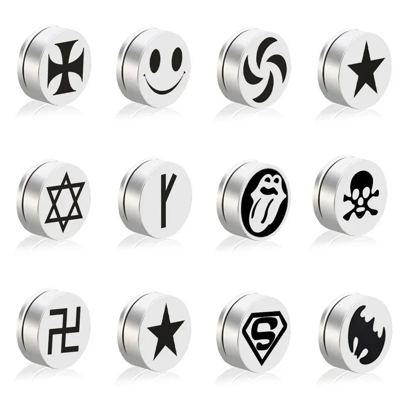 Mens Hip Hop Enamel Magnetic Earrings - Patterned Studs
