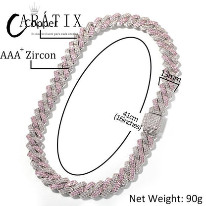 CARÁTIX Two-Tone Pink & White Cuban Link Chain Necklace – AAA CZ Iced Out Hip Hop Bling Jewelry for Men & Women | Rapper Gift