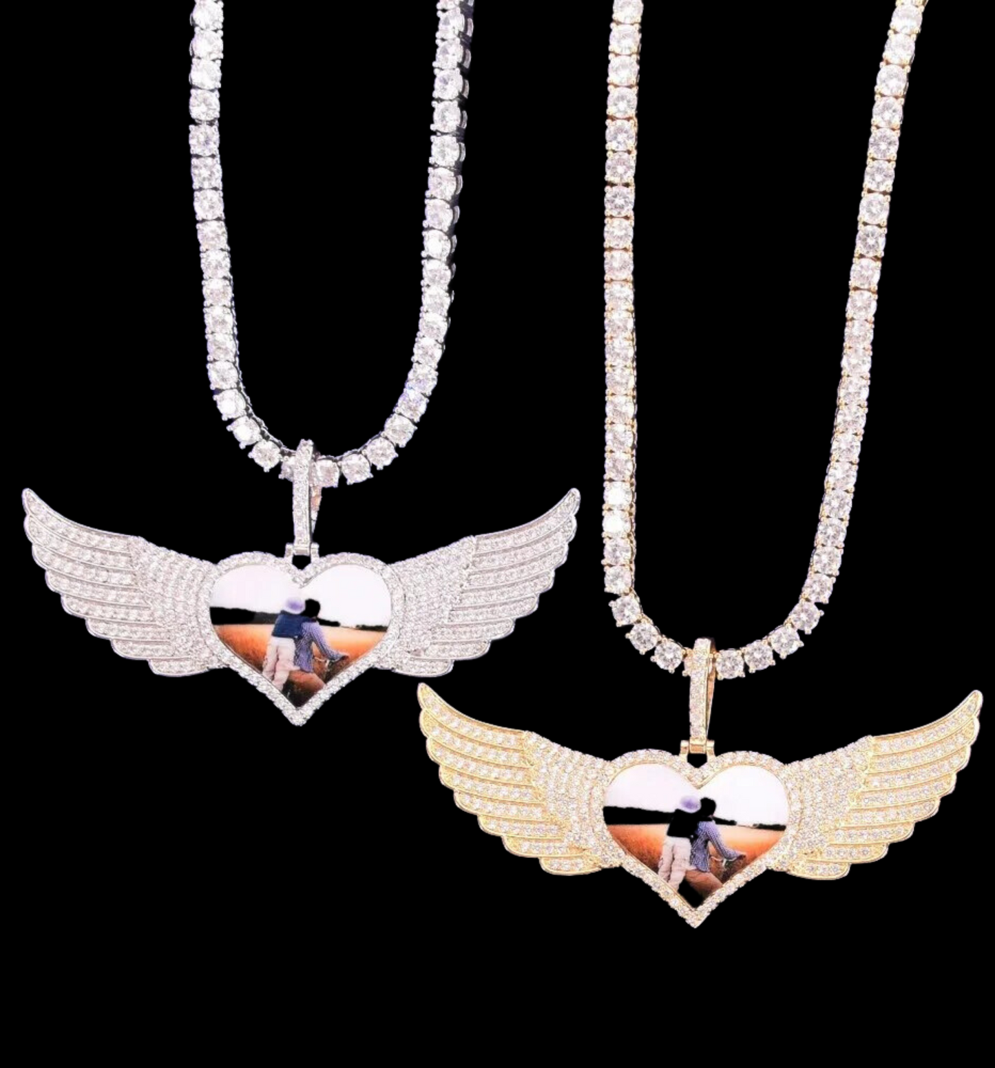 Long Wings Heart Custom Photo Pendant Necklace – Personalized Iced Out Picture Jewelry for Men and Women