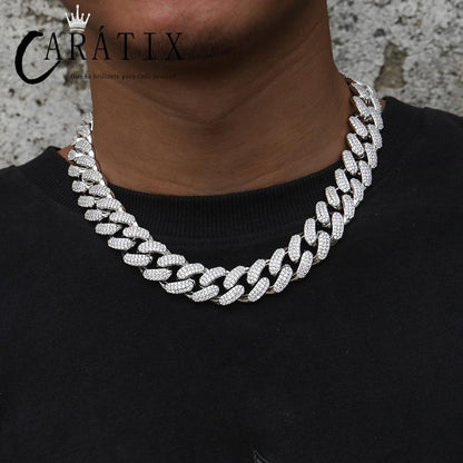 CARÁTIX 18mm Iced Out Cuban Link Chain Necklace – 3 Row CZ Rhombus Hip Hop Bling Jewelry for Men | Rapper Gift