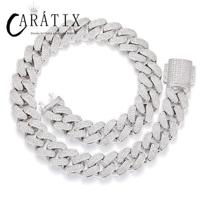 CARÁTIX 18mm Iced Out Cuban Link Chain Necklace – 3 Row CZ Heavy Round Hip Hop Bling Jewelry for Men | Rapper Gift