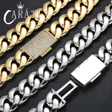 CARÁTIX 12mm/22mm Lock Miami Cuban Link Chain Necklace – 5A CZ Iced Out Hip Hop Bling Jewelry for Men | Brass Thick Design - CaratixJewelry