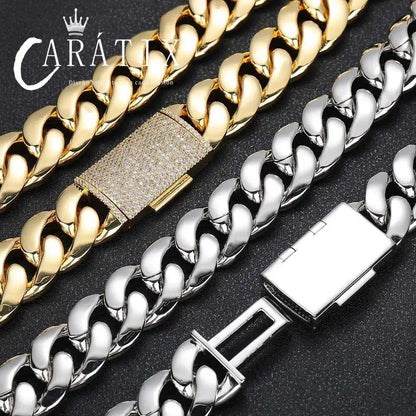 CARÁTIX 12mm/22mm Lock Miami Cuban Link Chain Necklace – 5A CZ Iced Out Hip Hop Bling Jewelry for Men | Brass Thick Design