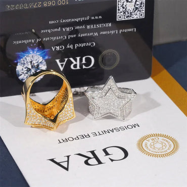 D-Color VVS Moissanite Star Ring | S925 Silver Unisex Iced Out Hip Hop Jewelry - CaratixJewelry