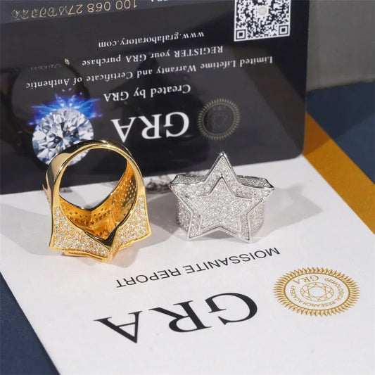 D-Color VVS Moissanite Star Ring | S925 Silver Unisex Iced Out Hip Hop Jewelry - CaratixJewelry