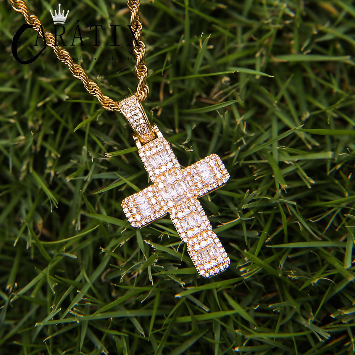 CARÁTIX Bubble Letter Baguette Cross Pendant Necklace – Iced Out Hip Hop Jewelry for Men & Women