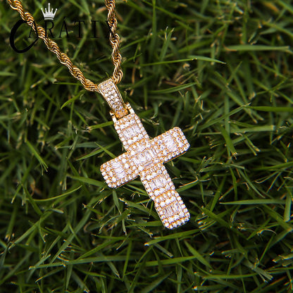CARÁTIX Bubble Letter Baguette Cross Pendant Necklace – Iced Out Hip Hop Jewelry for Men & Women