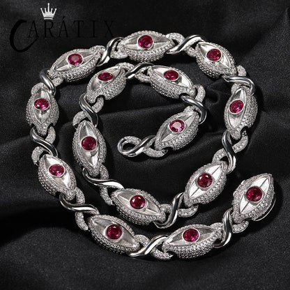 CARÁTIX Red Eyes Infinity Cuban Link Chain Necklace – 5A+ CZ Iced Out Hip Hop Bling Jewelry for Men | Rose & Silver Rapper Gift