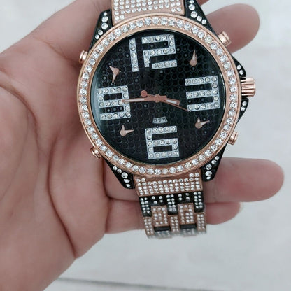 Fully Iced Out Watch Big Face Steel Band Quartz | Caratix