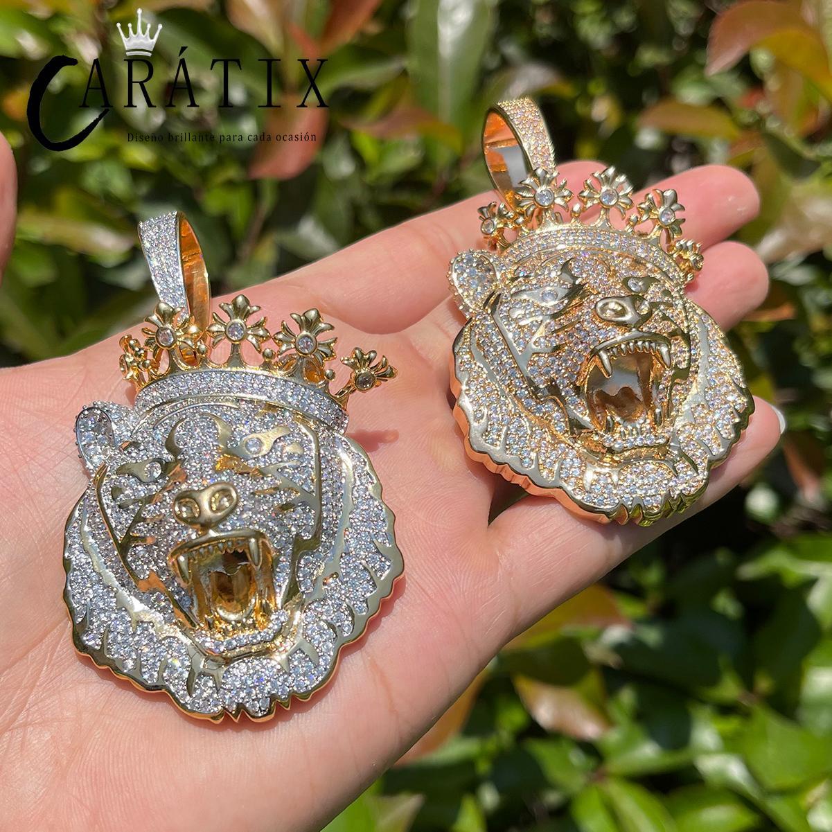 CARÁTIX -Lion Crown Necklace for Men Iced Out Prong Setting Pendant Chain  Double Color Hip Hop Jewelry Valentine's Day Gift for Men & Girls & Boys Mothers' Day Gift #Springtok