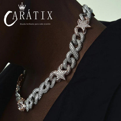 CARÁTIX Two-Tone Pink & Silver Star Cuban Link Chain Necklace – Eye Clasp Iced Out Hip Hop Luxury Choker Jewelry | Party Gift
