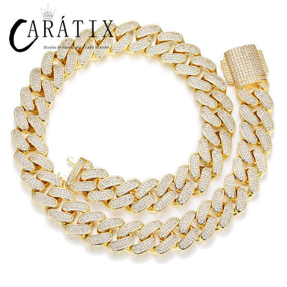 CARÁTIX 18mm Iced Out Cuban Link Chain Necklace – 3 Row CZ Heavy Round Hip Hop Bling Jewelry for Men | Rapper Gift