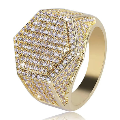 Men's Iced Out Hexagon Signet Ring | Geometric Micro-Pave Band | Caratix
