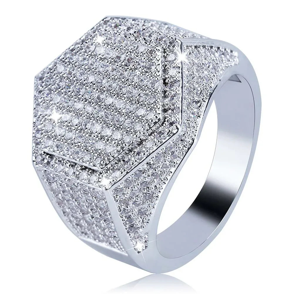 Men's Iced Out Hexagon Signet Ring | Geometric Micro-Pave Band | Caratix