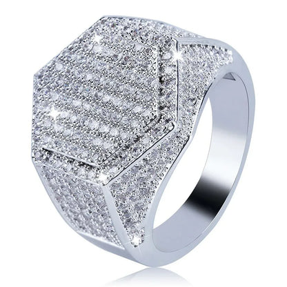 Men's Iced Out Hexagon Signet Ring | Geometric Micro-Pave Band | Caratix