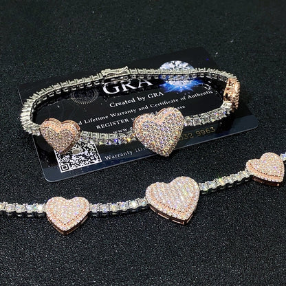 3mm Bi-Tone Heart Moissanite Tennis Chain | S925 Silver Iced Out Bracelet | Caratix