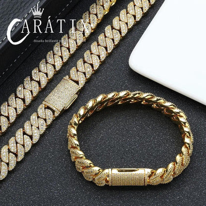 CARÁTIX 14MM Miami Cuban Chain Necklace – Brass Hip Hop Jewelry with Full Pave CZ for Men & Women