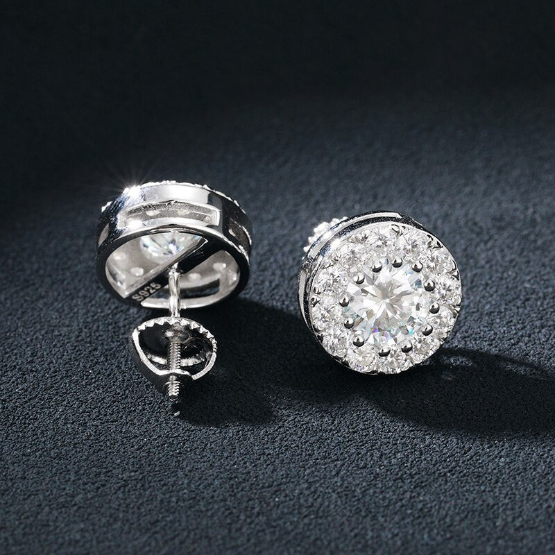 Genuine VVS Diamond 925 Sterling Silver Iced Round Stud Earrings