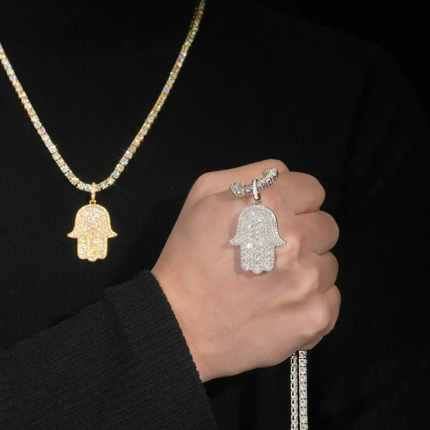 925 Gold-Plated Fully Iced D Color Moissanite Hand Pendant – Single Hip-Hop Jewelry Piece - CaratixJewelry