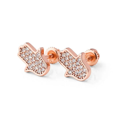 925 Sterling Silver Rose Gold Hamsa Hand Bling Earrings - CaratixJewelry