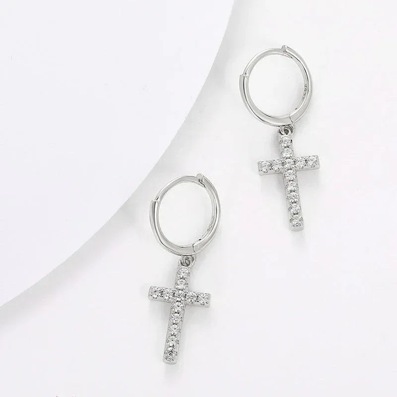 925 Sterling Silver VVS Hoop Cross Prong Earrings - CaratixJewelry