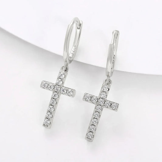 925 Sterling Silver VVS Hoop Cross Prong Earrings - CaratixJewelry