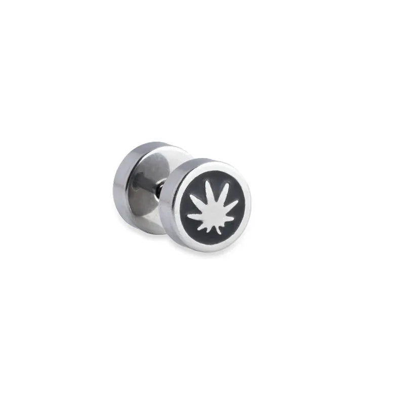 Mens Stainless Steel Barbell Stud Earrings - Star & Dumbbell