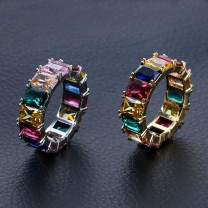 Rainbow Square Zirconia Hip Hop Ring | Multi-Color Iced Out Band | Caratix