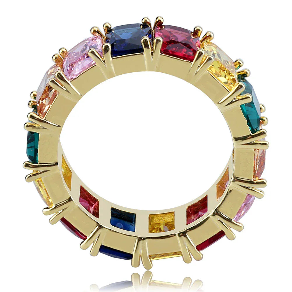 Rainbow Square Zirconia Hip Hop Ring | Multi-Color Iced Out Band | Caratix