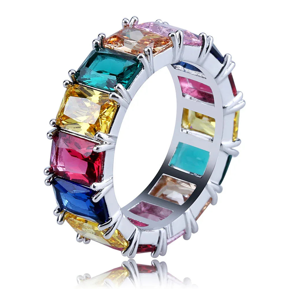 Rainbow Square Zirconia Hip Hop Ring | Multi-Color Iced Out Band | Caratix