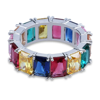 Rainbow Square Zirconia Hip Hop Ring | Multi-Color Iced Out Band | Caratix
