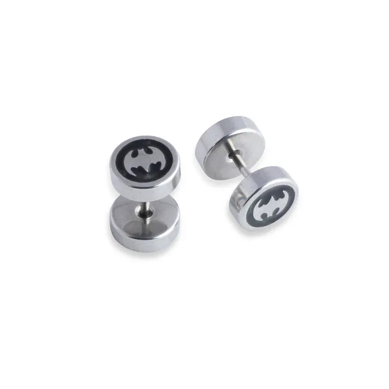 Mens Stainless Steel Barbell Stud Earrings - Star & Dumbbell