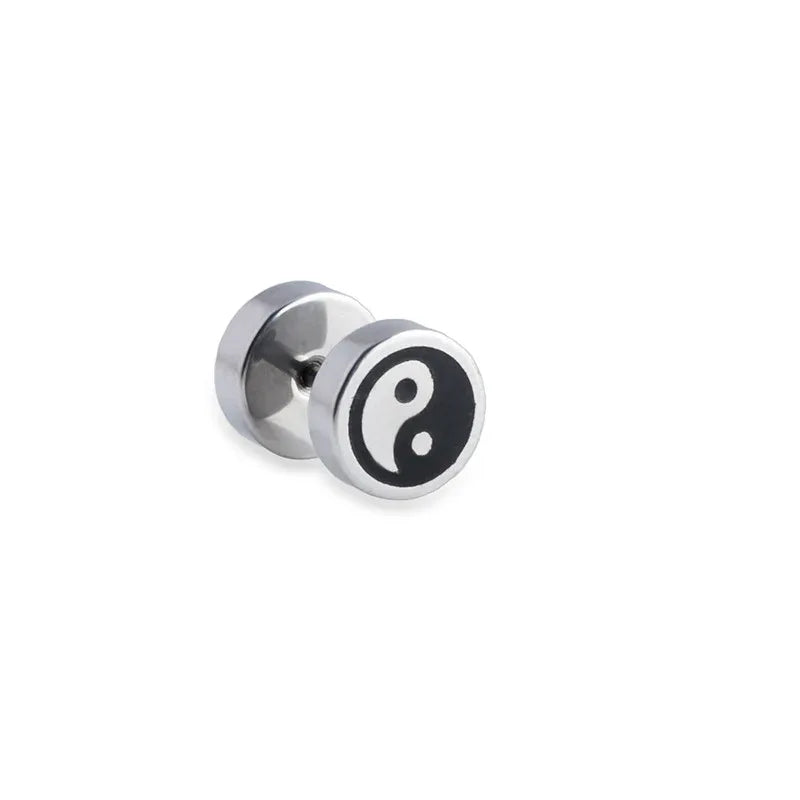 Mens Stainless Steel Barbell Stud Earrings - Star & Dumbbell