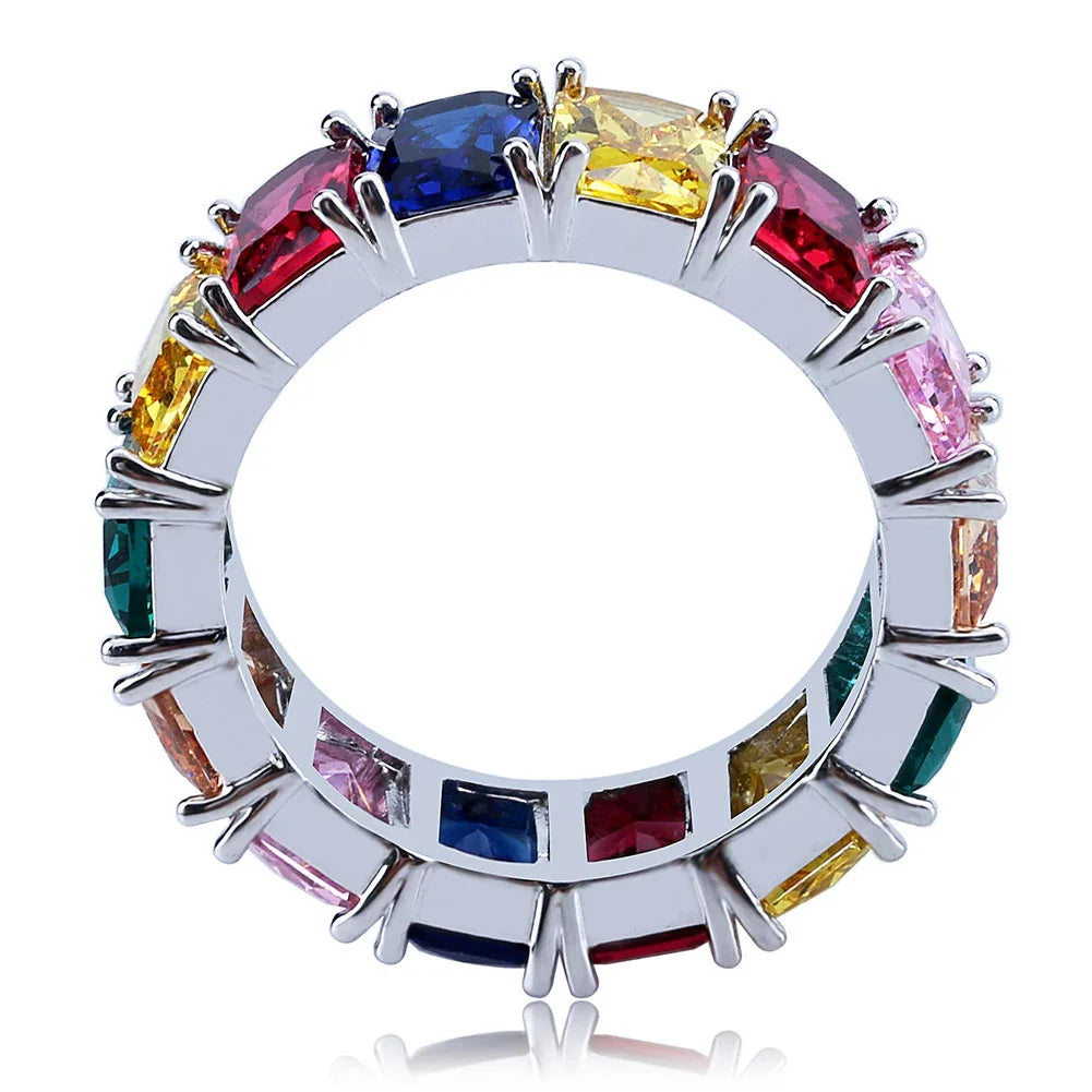 Rainbow Square Zirconia Hip Hop Ring | Multi-Color Iced Out Band | Caratix