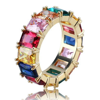 Rainbow Square Zirconia Hip Hop Ring | Multi-Color Iced Out Band | Caratix