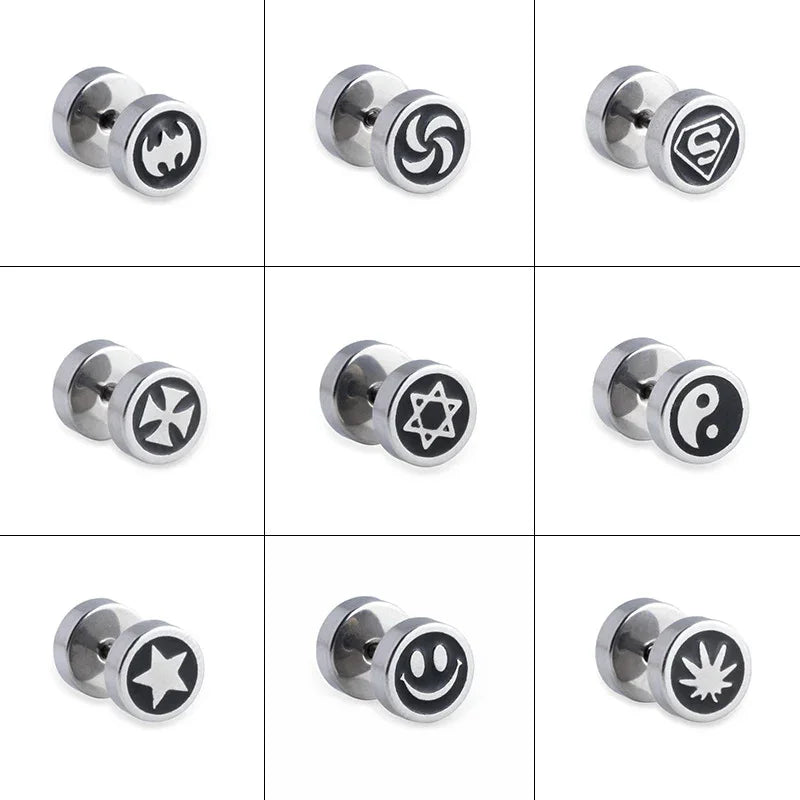 Mens Stainless Steel Barbell Stud Earrings - Star & Dumbbell