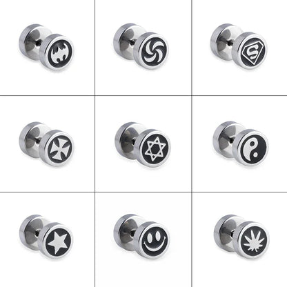 Mens Stainless Steel Barbell Stud Earrings - Star & Dumbbell