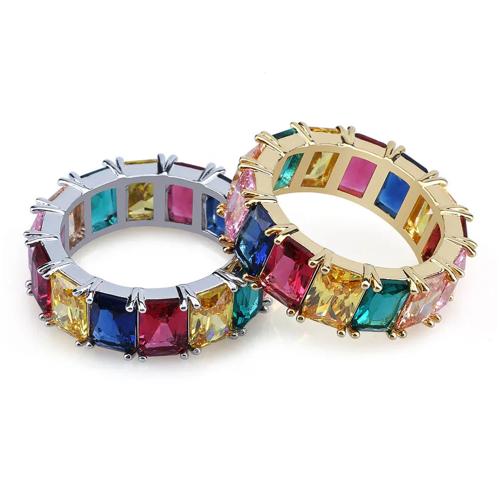 Rainbow Square Zirconia Hip Hop Ring | Multi-Color Iced Out Band | Caratix