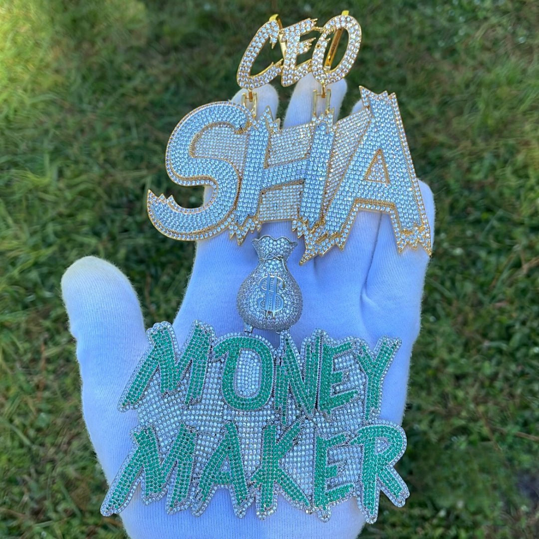 Money Bag Bail Two Tone Solid Iced Out Personalized Custom Name Necklace Pendant - Luxury Custom Jewelry