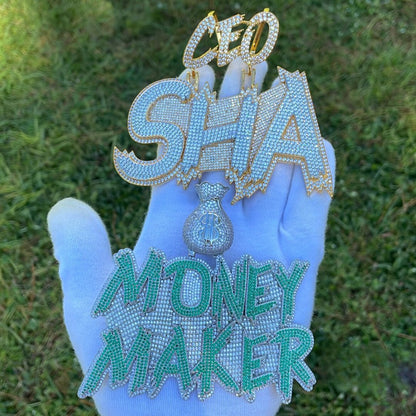 Money Bag Bail Two Tone Solid Iced Out Personalized Custom Name Necklace Pendant - Luxury Custom Jewelry