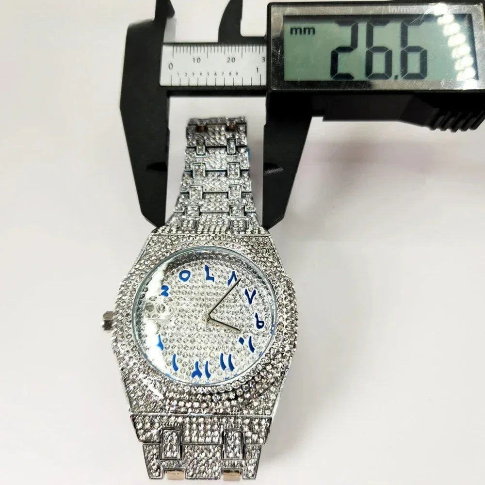 Luxury Octagonal Gold Watch for Men | Blue Numerals Full Iced Out Watch | Waterproof Calendar Hip Hop Wristwatch | Caratix - CaratixJewelry